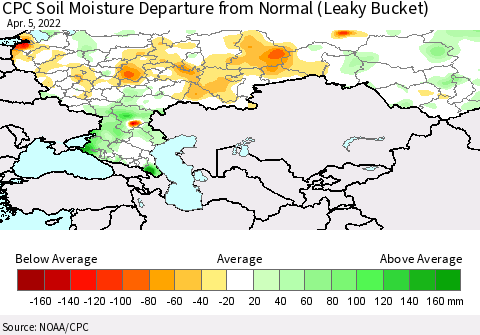 Russian Federation CPC Soil Moisture Departure from Normal (Leaky Bucket) Thematic Map For 4/1/2022 - 4/5/2022
