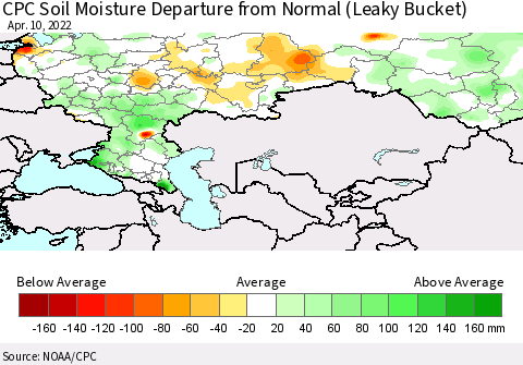 Russian Federation CPC Soil Moisture Departure from Normal (Leaky Bucket) Thematic Map For 4/6/2022 - 4/10/2022