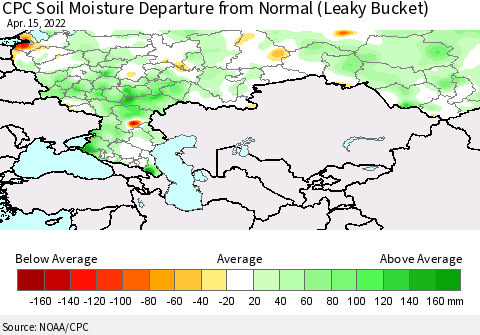 Russian Federation CPC Soil Moisture Departure from Normal (Leaky Bucket) Thematic Map For 4/11/2022 - 4/15/2022