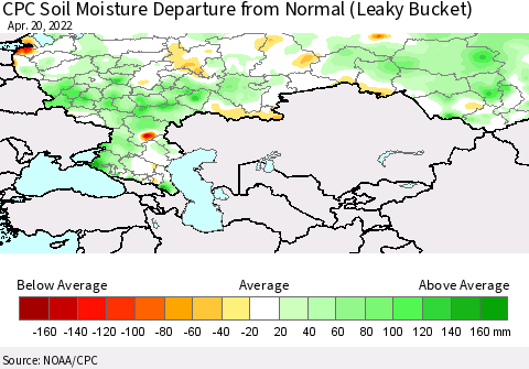 Russian Federation CPC Soil Moisture Departure from Normal (Leaky Bucket) Thematic Map For 4/16/2022 - 4/20/2022