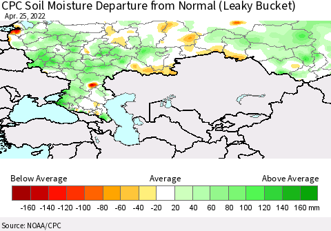 Russian Federation CPC Soil Moisture Departure from Normal (Leaky Bucket) Thematic Map For 4/21/2022 - 4/25/2022