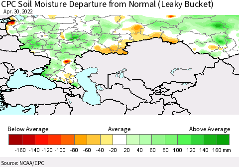 Russian Federation CPC Soil Moisture Departure from Normal (Leaky Bucket) Thematic Map For 4/26/2022 - 4/30/2022