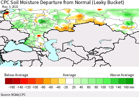 Russian Federation CPC Soil Moisture Departure from Normal (Leaky Bucket) Thematic Map For 5/1/2022 - 5/5/2022