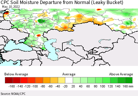 Russian Federation CPC Soil Moisture Departure from Normal (Leaky Bucket) Thematic Map For 5/6/2022 - 5/10/2022