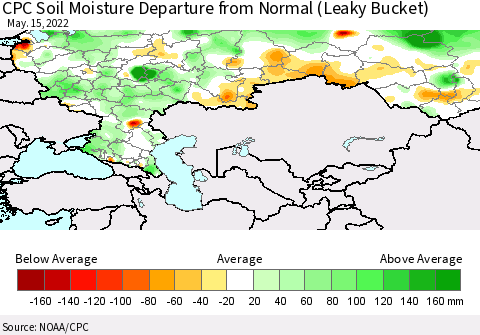 Russian Federation CPC Soil Moisture Departure from Normal (Leaky Bucket) Thematic Map For 5/11/2022 - 5/15/2022