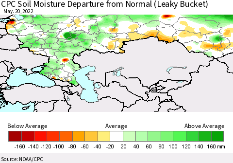 Russian Federation CPC Soil Moisture Departure from Normal (Leaky Bucket) Thematic Map For 5/16/2022 - 5/20/2022