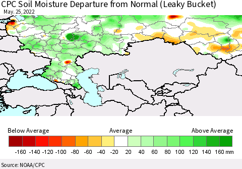 Russian Federation CPC Soil Moisture Departure from Normal (Leaky Bucket) Thematic Map For 5/21/2022 - 5/25/2022