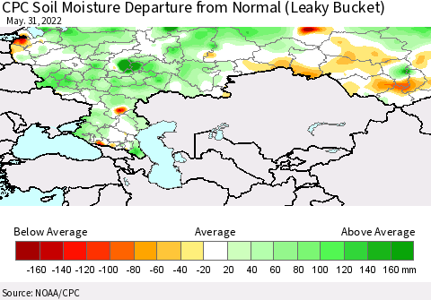Russian Federation CPC Soil Moisture Departure from Normal (Leaky Bucket) Thematic Map For 5/26/2022 - 5/31/2022