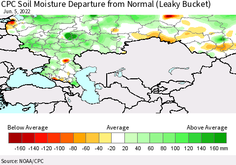 Russian Federation CPC Soil Moisture Departure from Normal (Leaky Bucket) Thematic Map For 6/1/2022 - 6/5/2022