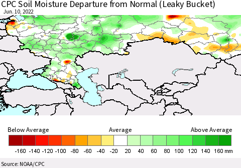 Russian Federation CPC Soil Moisture Departure from Normal (Leaky Bucket) Thematic Map For 6/6/2022 - 6/10/2022