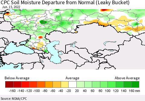 Russian Federation CPC Soil Moisture Departure from Normal (Leaky Bucket) Thematic Map For 6/11/2022 - 6/15/2022