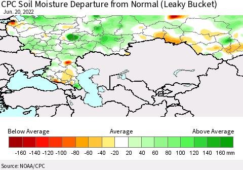 Russian Federation CPC Soil Moisture Departure from Normal (Leaky Bucket) Thematic Map For 6/16/2022 - 6/20/2022
