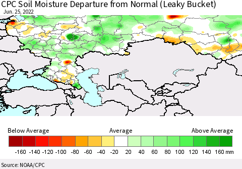 Russian Federation CPC Soil Moisture Departure from Normal (Leaky Bucket) Thematic Map For 6/21/2022 - 6/25/2022