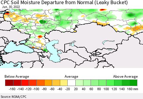 Russian Federation CPC Soil Moisture Departure from Normal (Leaky Bucket) Thematic Map For 6/26/2022 - 6/30/2022