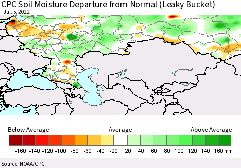 Russian Federation CPC Soil Moisture Departure from Normal (Leaky Bucket) Thematic Map For 7/1/2022 - 7/5/2022