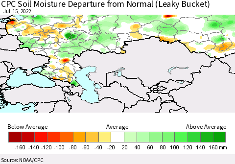 Russian Federation CPC Soil Moisture Departure from Normal (Leaky Bucket) Thematic Map For 7/11/2022 - 7/15/2022