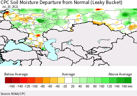 Russian Federation CPC Soil Moisture Departure from Normal (Leaky Bucket) Thematic Map For 7/16/2022 - 7/20/2022