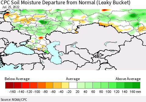 Russian Federation CPC Soil Moisture Departure from Normal (Leaky Bucket) Thematic Map For 7/21/2022 - 7/25/2022