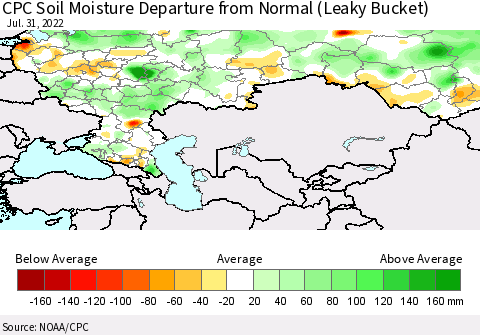 Russian Federation CPC Soil Moisture Departure from Normal (Leaky Bucket) Thematic Map For 7/26/2022 - 7/31/2022