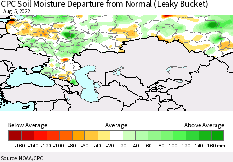Russian Federation CPC Soil Moisture Departure from Normal (Leaky Bucket) Thematic Map For 8/1/2022 - 8/5/2022