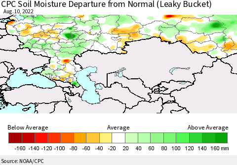 Russian Federation CPC Soil Moisture Departure from Normal (Leaky Bucket) Thematic Map For 8/6/2022 - 8/10/2022