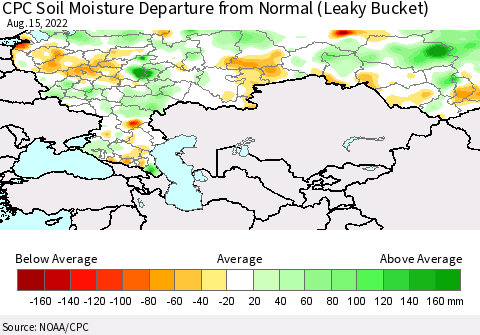 Russian Federation CPC Soil Moisture Departure from Normal (Leaky Bucket) Thematic Map For 8/11/2022 - 8/15/2022