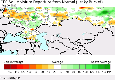 Russian Federation CPC Soil Moisture Departure from Normal (Leaky Bucket) Thematic Map For 8/16/2022 - 8/20/2022