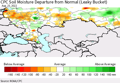 Russian Federation CPC Soil Moisture Departure from Normal (Leaky Bucket) Thematic Map For 8/21/2022 - 8/25/2022
