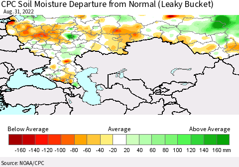 Russian Federation CPC Soil Moisture Departure from Normal (Leaky Bucket) Thematic Map For 8/26/2022 - 8/31/2022