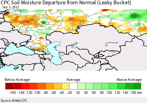 Russian Federation CPC Soil Moisture Departure from Normal (Leaky Bucket) Thematic Map For 9/1/2022 - 9/5/2022
