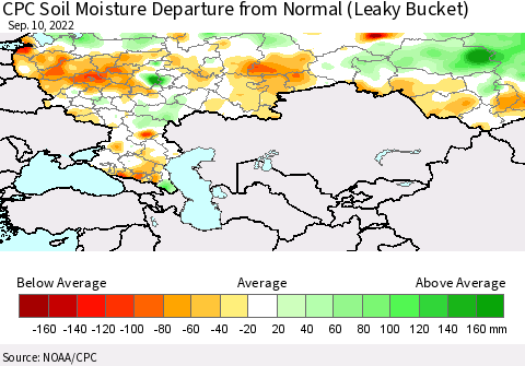 Russian Federation CPC Soil Moisture Departure from Normal (Leaky Bucket) Thematic Map For 9/6/2022 - 9/10/2022
