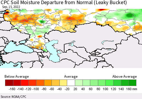 Russian Federation CPC Soil Moisture Departure from Normal (Leaky Bucket) Thematic Map For 9/11/2022 - 9/15/2022