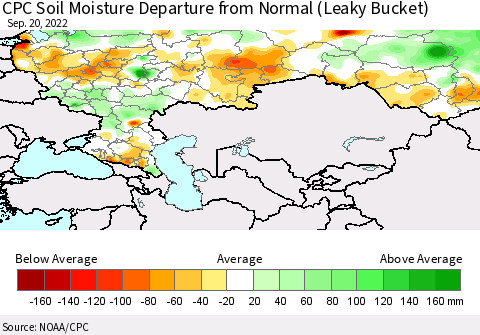 Russian Federation CPC Soil Moisture Departure from Normal (Leaky Bucket) Thematic Map For 9/16/2022 - 9/20/2022