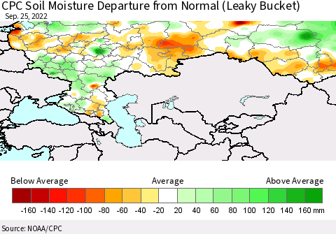 Russian Federation CPC Soil Moisture Departure from Normal (Leaky Bucket) Thematic Map For 9/21/2022 - 9/25/2022