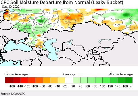Russian Federation CPC Soil Moisture Departure from Normal (Leaky Bucket) Thematic Map For 9/26/2022 - 9/30/2022