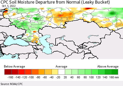 Russian Federation CPC Soil Moisture Departure from Normal (Leaky Bucket) Thematic Map For 10/1/2022 - 10/5/2022