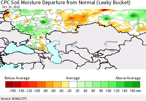 Russian Federation CPC Soil Moisture Departure from Normal (Leaky Bucket) Thematic Map For 10/6/2022 - 10/10/2022