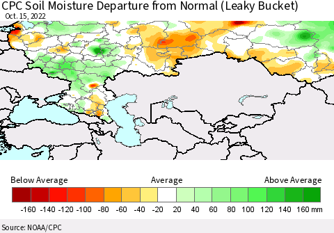 Russian Federation CPC Soil Moisture Departure from Normal (Leaky Bucket) Thematic Map For 10/11/2022 - 10/15/2022