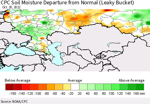 Russian Federation CPC Soil Moisture Departure from Normal (Leaky Bucket) Thematic Map For 10/16/2022 - 10/20/2022