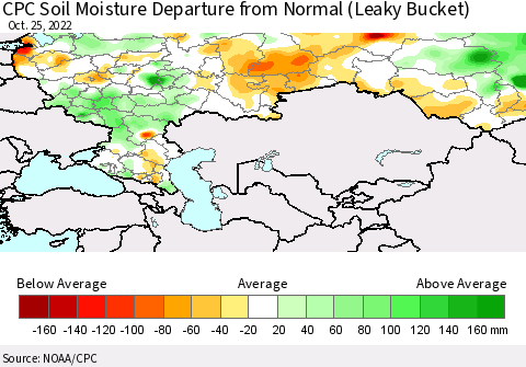 Russian Federation CPC Soil Moisture Departure from Normal (Leaky Bucket) Thematic Map For 10/21/2022 - 10/25/2022