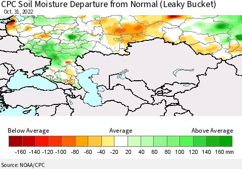 Russian Federation CPC Soil Moisture Departure from Normal (Leaky Bucket) Thematic Map For 10/26/2022 - 10/31/2022
