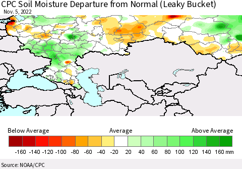 Russian Federation CPC Soil Moisture Departure from Normal (Leaky Bucket) Thematic Map For 11/1/2022 - 11/5/2022