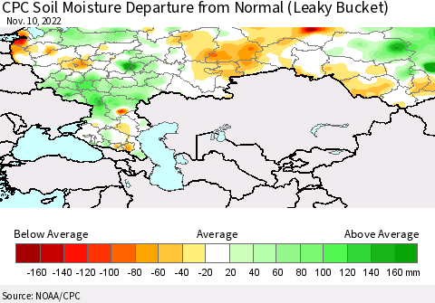 Russian Federation CPC Soil Moisture Departure from Normal (Leaky Bucket) Thematic Map For 11/6/2022 - 11/10/2022