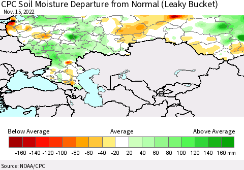 Russian Federation CPC Soil Moisture Departure from Normal (Leaky Bucket) Thematic Map For 11/11/2022 - 11/15/2022