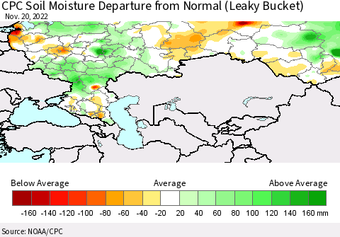 Russian Federation CPC Soil Moisture Departure from Normal (Leaky Bucket) Thematic Map For 11/16/2022 - 11/20/2022