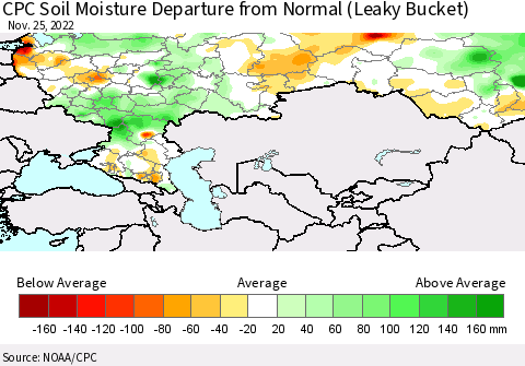 Russian Federation CPC Soil Moisture Departure from Normal (Leaky Bucket) Thematic Map For 11/21/2022 - 11/25/2022