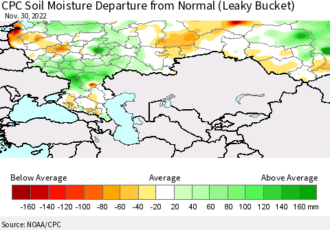 Russian Federation CPC Soil Moisture Departure from Normal (Leaky Bucket) Thematic Map For 11/26/2022 - 11/30/2022