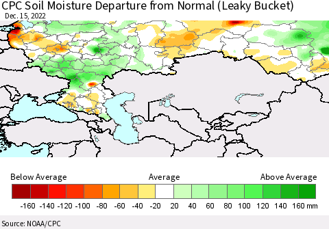 Russian Federation CPC Soil Moisture Departure from Normal (Leaky Bucket) Thematic Map For 12/11/2022 - 12/15/2022
