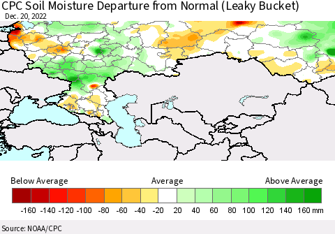 Russian Federation CPC Soil Moisture Departure from Normal (Leaky Bucket) Thematic Map For 12/16/2022 - 12/20/2022