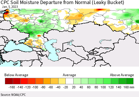 Russian Federation CPC Soil Moisture Departure from Normal (Leaky Bucket) Thematic Map For 1/1/2023 - 1/5/2023